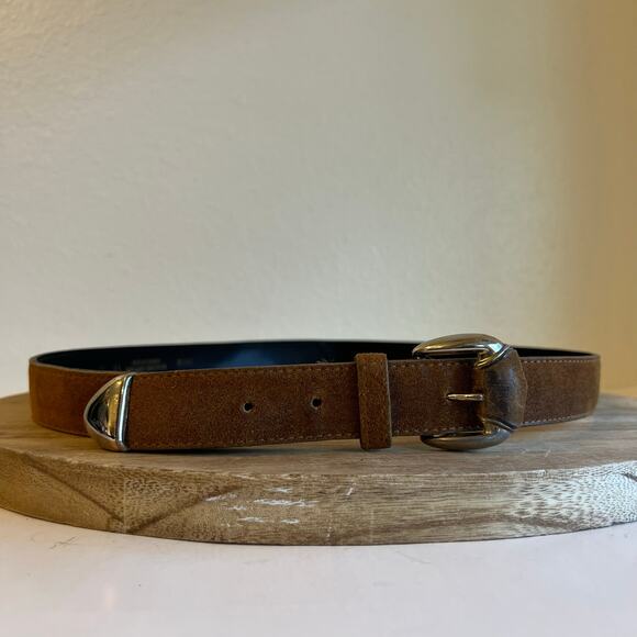 Vintage USA Made Tan Genuine Suede Leather Silver Tipped Western Belt Size L - Picture 7 of 11